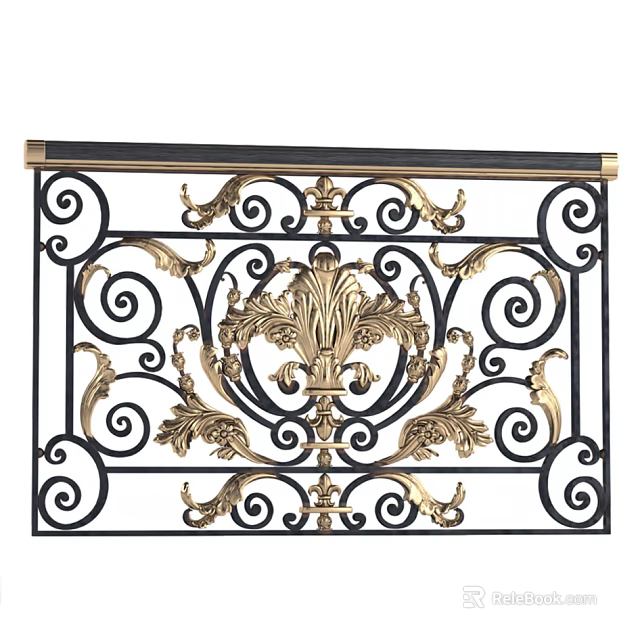 Ornate Wrought Iron Fence With Golden Carvings And Black Frame Design 3d model 