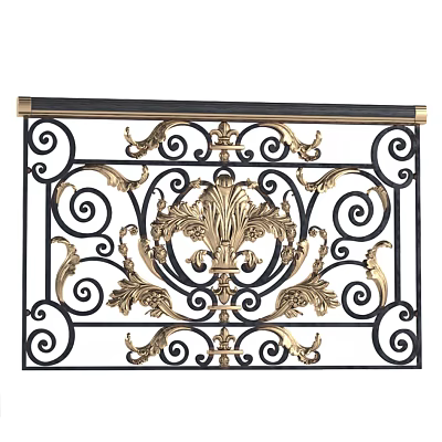Ornate Wrought Iron Fence With Golden Carvings And Black Frame Design 3d model