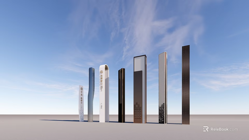 Modern Landscape Sculptures With Tall Columnar Shapes And Various Heights Against Blue Sky 3d model 