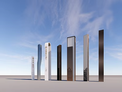 Modern Landscape Sculptures With Tall Columnar Shapes And Various Heights Against Blue Sky 3d model