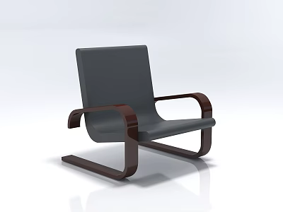 Modern Gray Upholstered Single Chair With Brown Wooden Armrests And Curved Frame 3d model