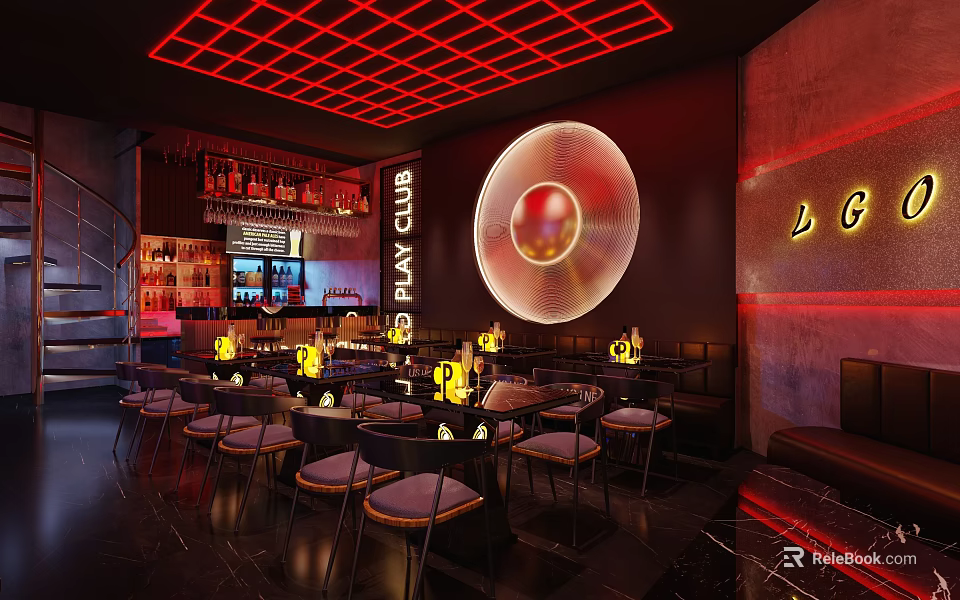 Vibrant Play Club Interior With Neon Grid Ceiling Circular Decor Bar Counter And High Stools 3d model 