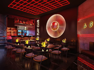 Vibrant Play Club Interior With Neon Grid Ceiling Circular Decor Bar Counter And High Stools 3d model