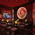 Vibrant Play Club Interior With Neon Grid Ceiling Circular Decor Bar Counter And High Stools