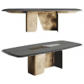 Modern Wooden Dining Table Featuring Marble Inlay And Unique Brass Metal Legs