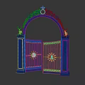 Blue Ornate Entrance Gate with Gold Accents Sun Motifs and Statues on Pillars