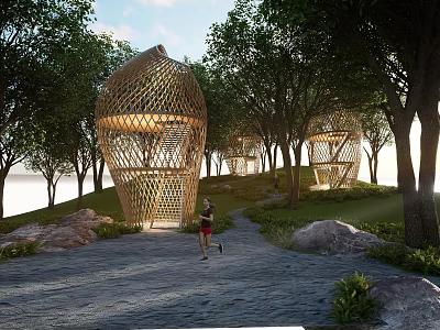 Bamboo Pergola With Woven Dome Structure Among Green Trees In Natural Park For Recreational Activities 3d model