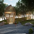 Bamboo Pergola With Woven Dome Structure Among Green Trees In Natural Park For Recreational Activities