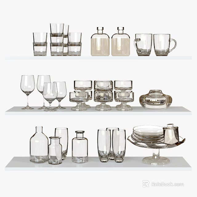 Glass Tableware Set Including Glasses Bottles Plates Displayed On Tiered Shelves 3d model 