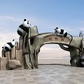 Zoo Entrance Gate With Panda Decorations On Stone Structure And Branch Accents