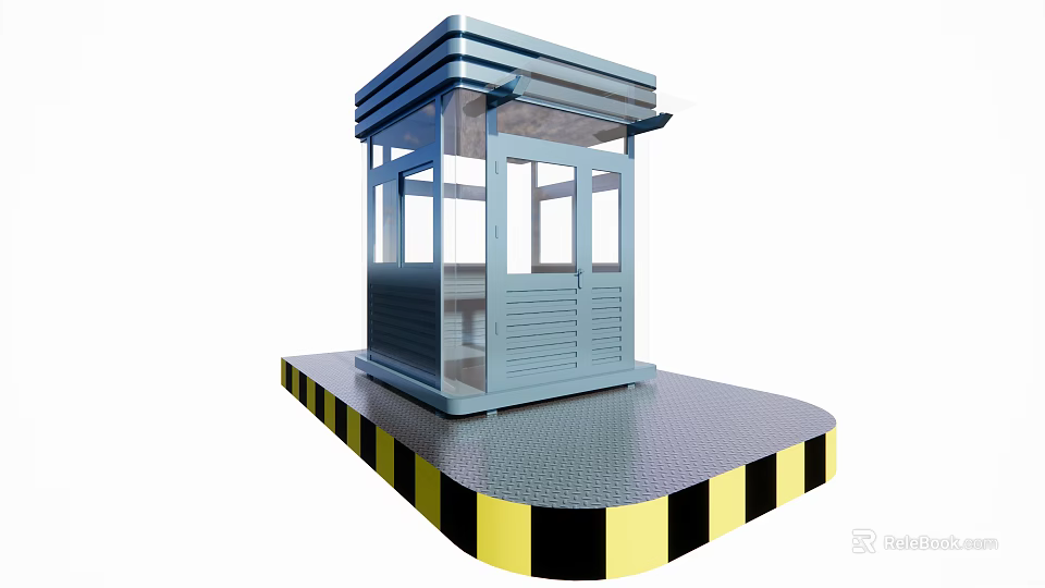 Blue Security Booth With Glass Windows On Yellow Black Striped Platform 3d model 