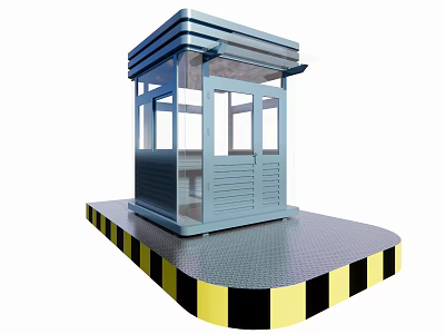 Blue Security Booth With Glass Windows On Yellow Black Striped Platform 3d model