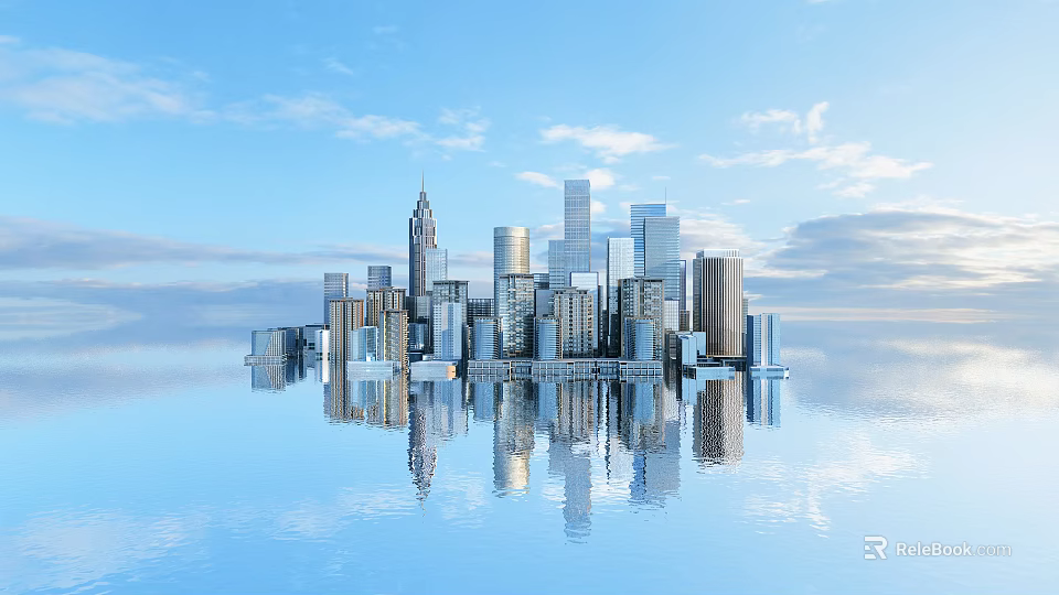 Modern Urban Office Buildings With Reflections On Water Surface And Blue Sky 3d model