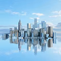 Modern Urban Office Buildings With Reflections On Water Surface And Blue Sky 3d model