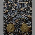 Background Wall with Gold Black Relief Pattern Swirling Clouds and Golden Lion Head Decorations