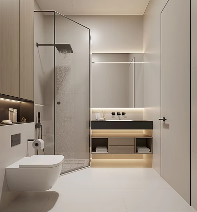 Modern Bathroom Interior Design With Glass Shower Vanity And Soft Lighting 3d model