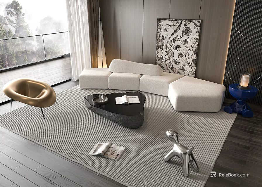 Modern Living Room Interior With Beige L-shaped Sofa And Black Stone Coffee Table Set 3d model 