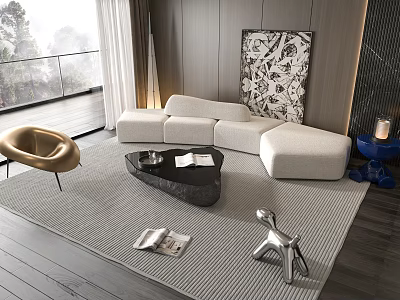 Modern Living Room Interior With Beige L-shaped Sofa And Black Stone Coffee Table Set 3d model