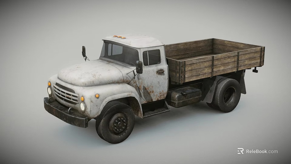 Classic White Truck With Wooden Cargo Bed And Retro Worn Appearance 3d model 