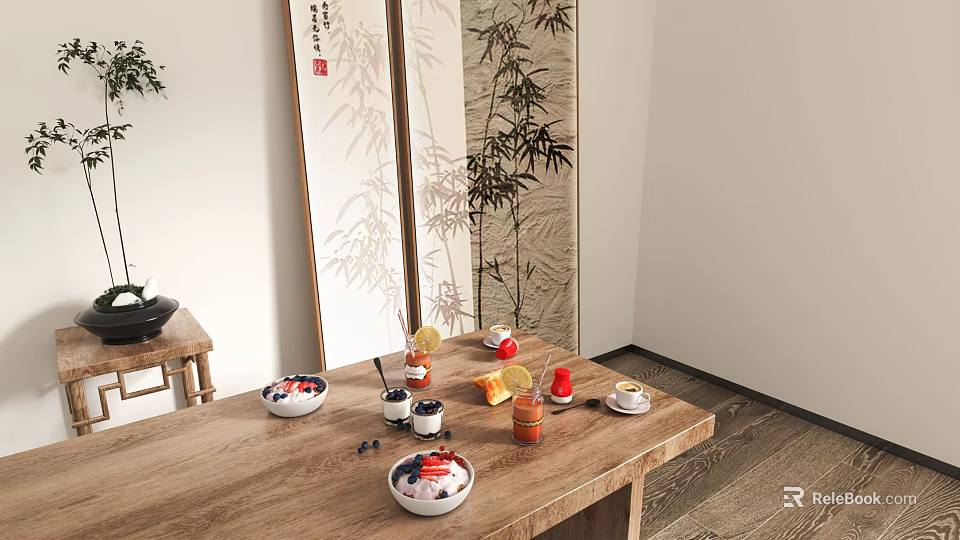 Fresh Delicious Food In Bowls On Wooden Table With Fruits Drinks And Bamboo Decorations 3d model 