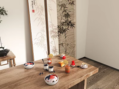Fresh Delicious Food In Bowls On Wooden Table With Fruits Drinks And Bamboo Decorations 3d model