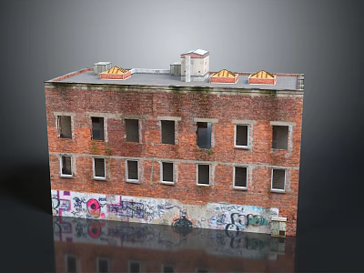 Red Brick Building Exterior With Graffiti Multiple Windows And Yellow Roof Structures 3d model
