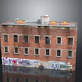 Red Brick Building Exterior With Graffiti Multiple Windows And Yellow Roof Structures