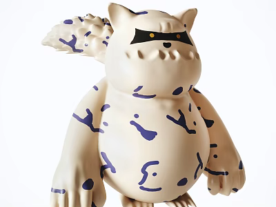Cartoon Cat Shaped Sculpture with Beige Body Blue Abstract Patterns Pointed Ears Black Eyes Spiked Tail 3d model