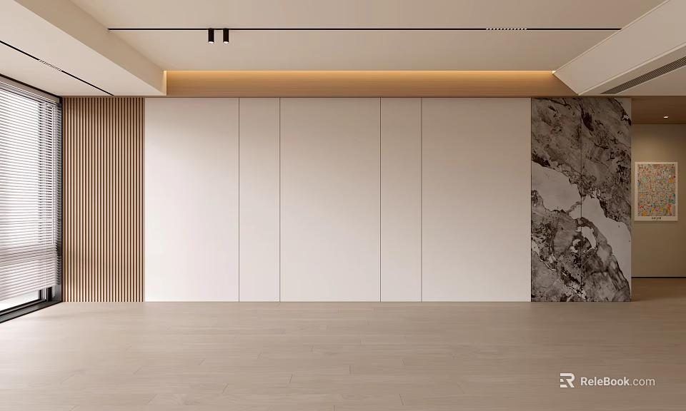 Modern Living Room Interior Design With Wooden Slats White Panels Marble Wall And Light Flooring 3d model 