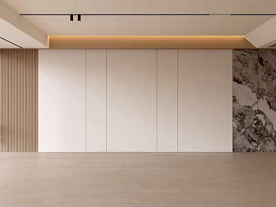 Modern Living Room Interior Design With Wooden Slats White Panels Marble Wall And Light Flooring 3d model