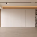 Modern Living Room Interior Design With Wooden Slats White Panels Marble Wall And Light Flooring