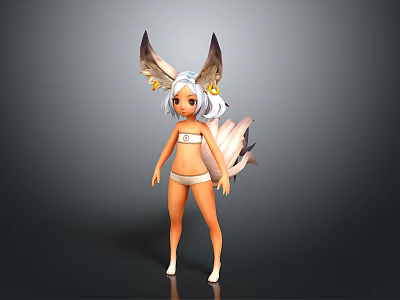 Cute Game And Movie Character With White Short Hair Brown Ears Yellow Decorations And Wings 3d model