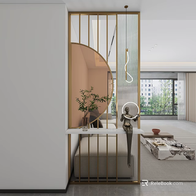 Modern Metal Partition Design With Green Plant And Sofa In Living Room Interior 3d model 