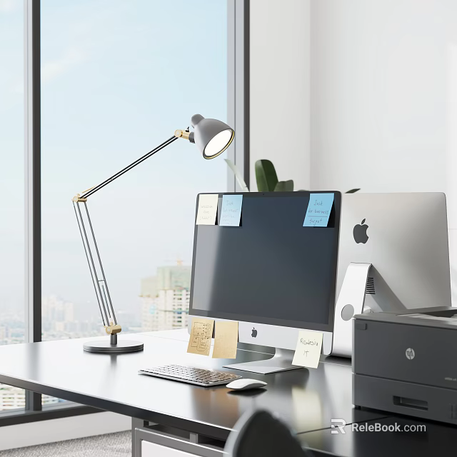 Modern Office Desk Setup With Computer Monitor Desk Lamp Sticky Notes Printer And Potted Plant 3d model 