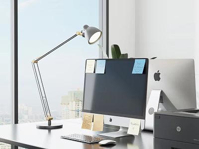 Modern Office Desk Setup With Computer Monitor Desk Lamp Sticky Notes Printer And Potted Plant 3d model