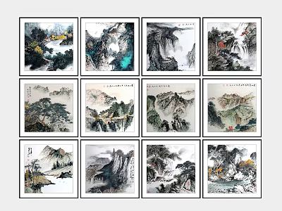 Traditional Chinese Landscape Paintings Ink Style With Mountain River Cloud Tree Elements And Various Compositions 3d model