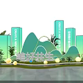 Scenic Harmonious Photo Check-in Spot with Green Mountain Structures Blue Signboards Plants and Round Lights