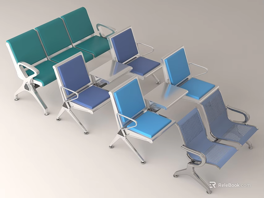 Modern Public Chairs With Metal Frames And Green Blue Seats For Public Areas 3d model 