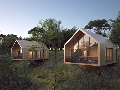 Modern Detached Villa with Gabled Roof Large Glass Windows and Wooded Surroundings 3d model