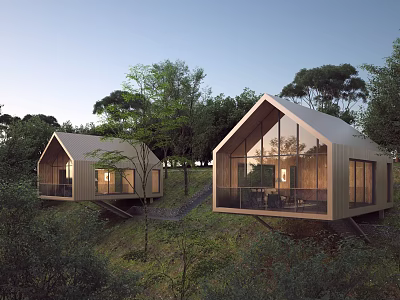 Modern Detached Villa with Gabled Roof Large Glass Windows and Wooded Surroundings 3d model