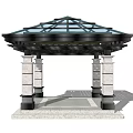 Traditional Square Pavilion Structure With Glass Roof And Stone Columns Base