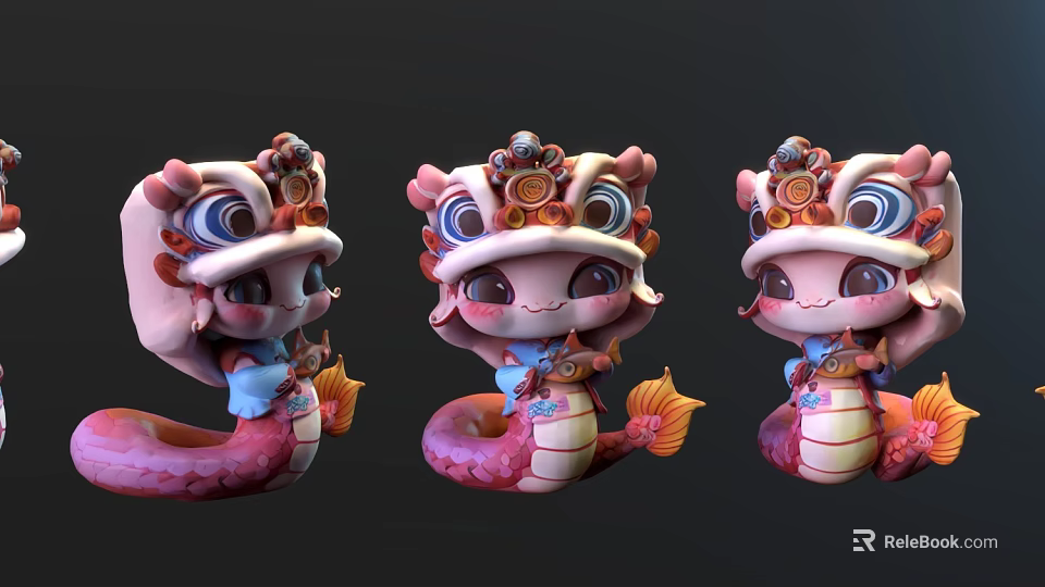 Three Cute Traditional Chinese Style Dolls With Dragon Head And Decorative Ornaments 3d model 