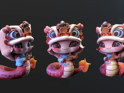 Three Cute Traditional Chinese Style Dolls With Dragon Head And Decorative Ornaments 3d model