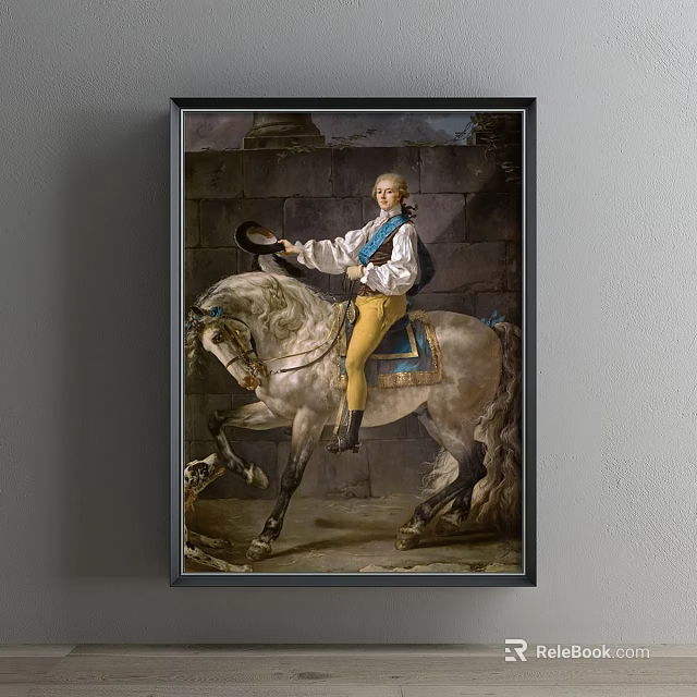 Elegant Portrait of Man on White Horse with Blue Vest Yellow Pants and Stone Wall 3d model 