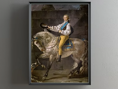 Elegant Portrait of Man on White Horse with Blue Vest Yellow Pants and Stone Wall 3d model