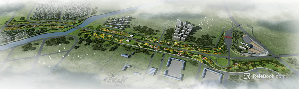 Modern Urban Roadside Linear Public Landscape Design With Rich Vegetation Layouts Serving Local Residential Areas 3d model 