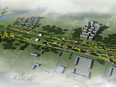 Modern Urban Roadside Linear Public Landscape Design With Rich Vegetation Layouts Serving Local Residential Areas 3d model