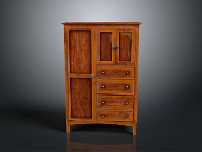 Classic Wooden Storage Cabinet With Glass Panel Doors Drawers And Metal Handles In Brown Finish 3d model