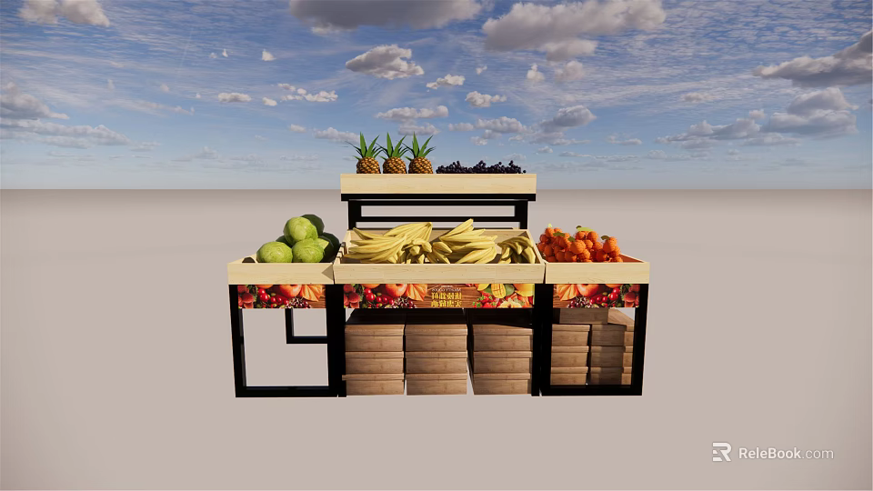 Retail Display Shelf With Fresh Fruits Vegetables And Sacks Arrangement 3d model 