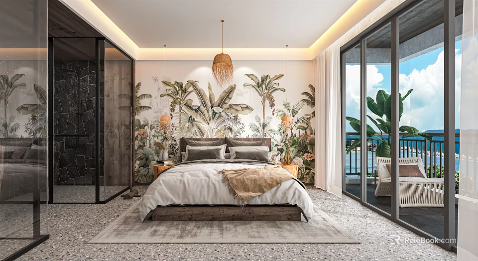 Hotel Guest Room Featuring Tropical Plant Wallpaper Rattan Pendant Light Bed Floor To Ceiling Windows 3d model 